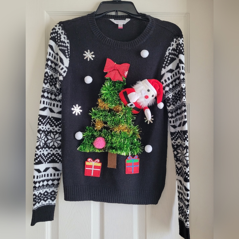 No Boundaries Ugly Christmas Sweater Juniors Size Small Tree Santa